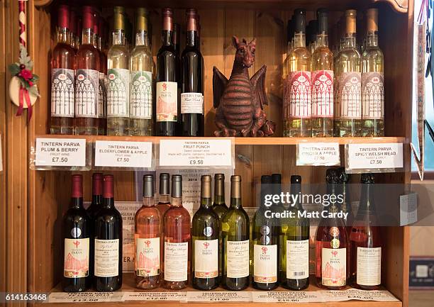 Bottles of wine produced with grapes from the Parva Farm Vineyard are displayed in the farm shop in Tintern, on October 12, 2016 near Chepstow,...