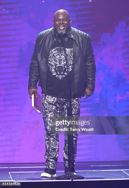 Actor and comedian David Mann speaks onstage during the 2016 Dove Awards at Allen Arena, Lipscomb University on October 11, 2016 in Nashville,...