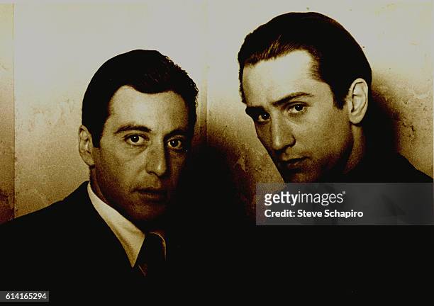 Sepia-toned portrait of American actors Al Pacino and Robert DeNiro in costume for their roles in the film 'The Godfather II' , 1974.