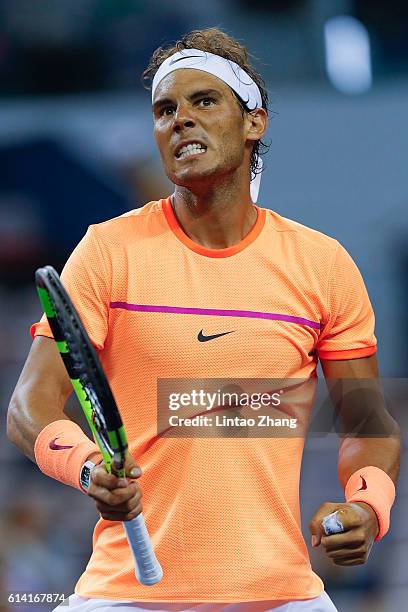 Rafael Nadal of Spain celebrates a point against Viktor Troicki of Serbia during the Men's singles second round match on day four of Shanghai Rolex...