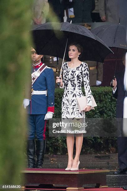 Queen Letizia of Spain attend the National Day military parade on October 12, 2016 in Madrid, Spain.