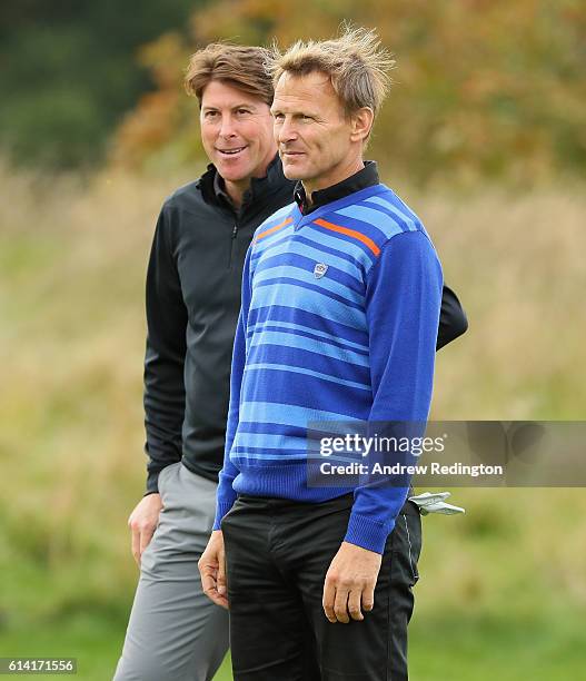 Ex-footballers Darren Anderton and Teddy Sheringham are pictured during the Pro Am prior to the start of the British Masters at The Grove on October...