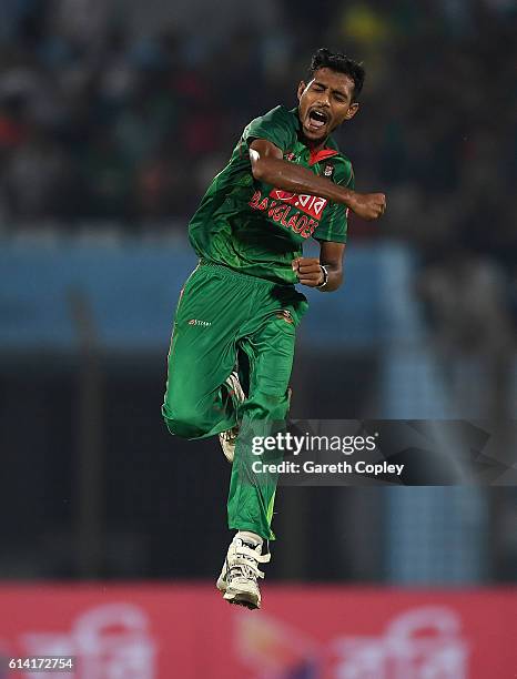 Shafiul Islam of Bangladesh celebrates dismissing Jonathan Bairstow of England during the 3rd One Day International match between Bangladesh and...