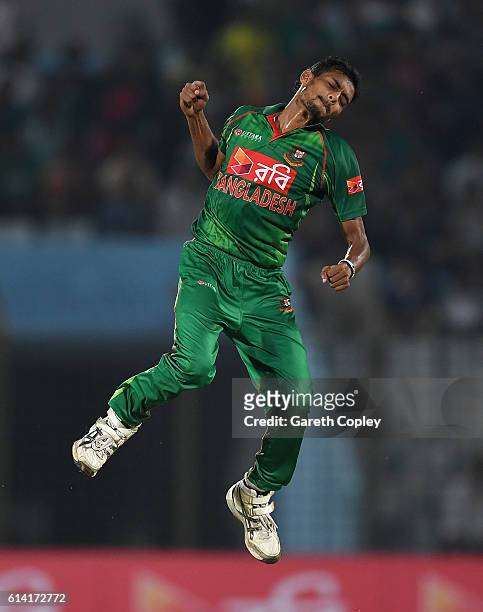 Shafiul Islam of Bangladesh celebrates dismissing Jonathan Bairstow of England during the 3rd One Day International match between Bangladesh and...