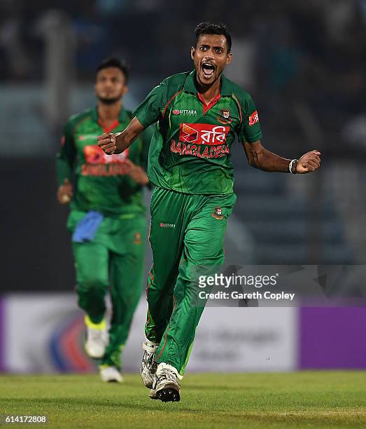 Shafiul Islam of Bangladesh celebrates dismissing Ben Duckett of England during the 3rd One Day International match between Bangladesh and England at...