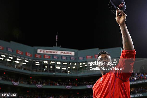 David Ortiz of the Boston Red Sox tips his cap after the Cleveland Indians defeated the Boston Red Sox 4-3 in game three of the American League...