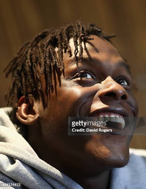 Maro Itoje faces the press, at a Saracens media session held at their training venue on October 12, 2016 in St Albans, England.