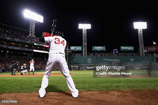 David Ortiz of the Boston Red Sox on deck before his last at bat of game three of the American League Divison Series againstthe Cleveland Indians at...