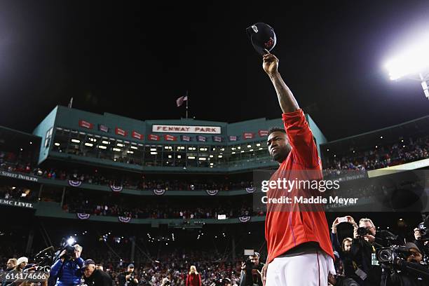 David Ortiz of the Boston Red Sox tips his cap after the Cleveland Indians defeated the Boston Red Sox 4-3 in game three of the American League...