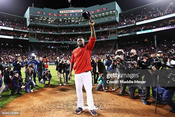 David Ortiz of the Boston Red Sox tips his cap after the Cleveland Indians defeated the Boston Red Sox 4-3 in game three of the American League...