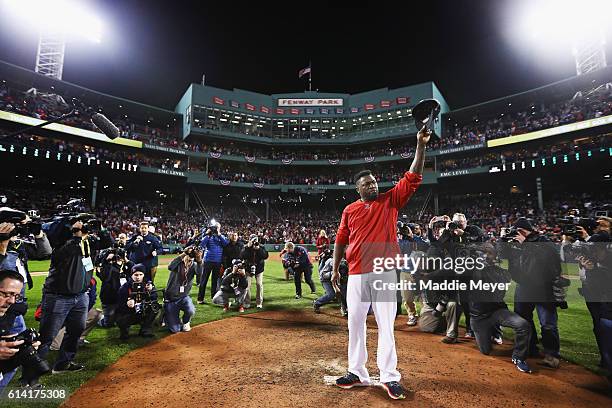 David Ortiz of the Boston Red Sox tips his cap after the Cleveland Indians defeated the Boston Red Sox 4-3 in game three of the American League...