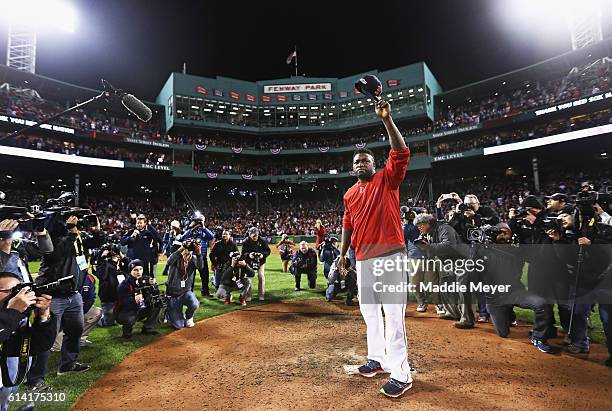 David Ortiz of the Boston Red Sox tips his cap after the Cleveland Indians defeated the Boston Red Sox 4-3 in game three of the American League...