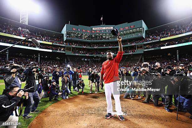 David Ortiz of the Boston Red Sox tips his cap after the Cleveland Indians defeated the Boston Red Sox 4-3 in game three of the American League...