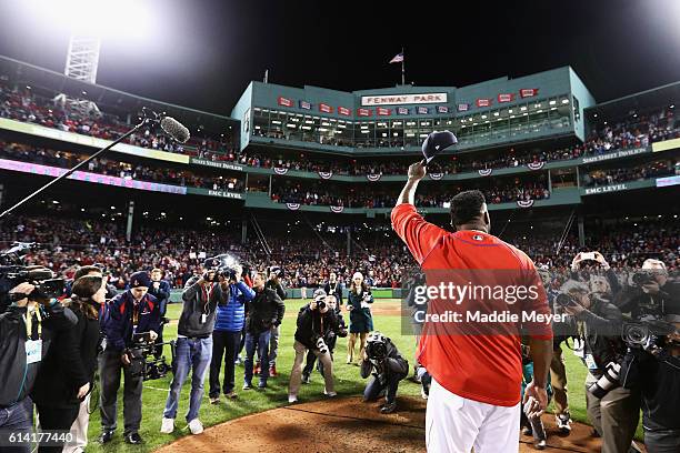 David Ortiz of the Boston Red Sox tips his cap after the Cleveland Indians defeated the Boston Red Sox 4-3 in game three of the American League...