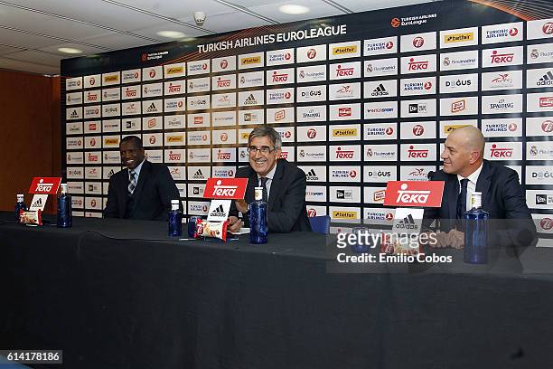 David Rivers, Jordi Bertomeu and Alberto Herreros during the press conference before the game during the 2016/2017 Turkish Airlines EuroLeague...