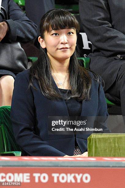 Japan Tennis Association Honorary President Princess Mako of Akishino watches the game on day one of Rakuten Open 2016 at Ariake Colosseum on October...