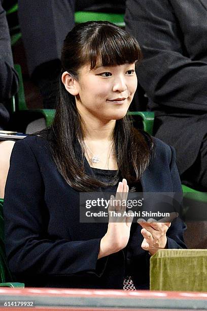 Japan Tennis Association Honorary President Princess Mako of Akishino watches the game on day one of Rakuten Open 2016 at Ariake Colosseum on October...