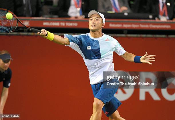 Go Soeda of Japan plays a forehand during the men's singles first round match against Fernando Verdasco of Spain on day one of Rakuten Open 2016 at...