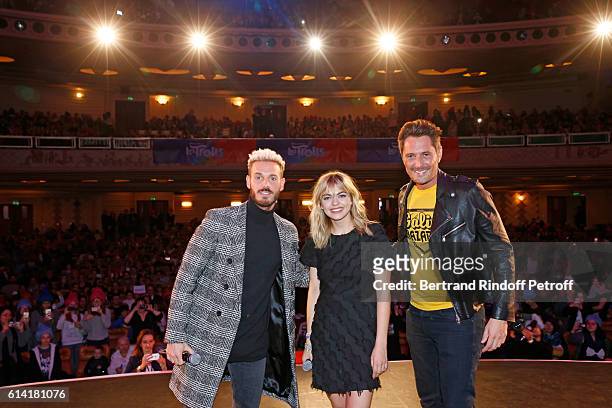 French voices of the movie, Matt Pokora and Louane Emera with Vincent Cerutti present "Les Trolls" Paris Premiere at Le Grand Rex on October 12, 2016...