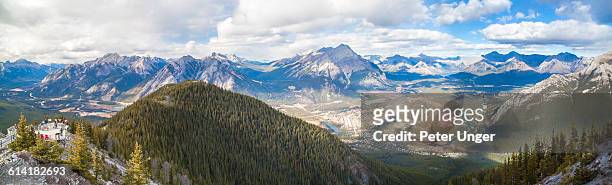 panorama view of banff valley - montañas rocosas canadienses fotografías e imágenes de stock