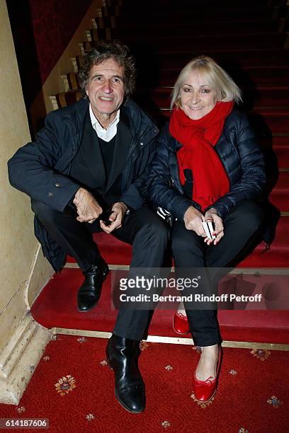 Radio Host Julie Leclerc and her husband Gerard Leclerc attend the "A Droite A Gauche" : Theater Play at Theatre des Varietes on October 12, 2016 in...