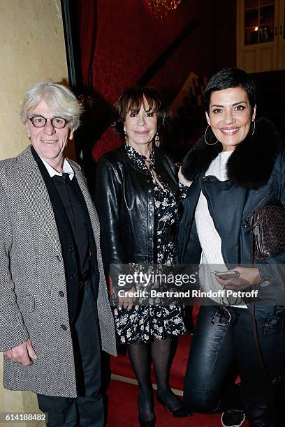 Daniele Evenou standing between her companion Jean-Pierre Baiesi and TV host Cristina Cordula attend the "A Droite A Gauche" : Theater Play at...