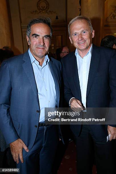 Christopher Baldelli and Vice-President of M6 Group Thomas Valentin attend the "A Droite A Gauche" : Theater Play at Theatre des Varietes on October...