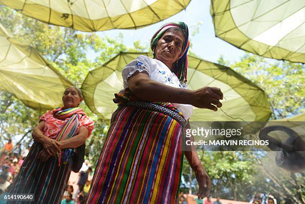 Nahua Pipil indigenous women participate in a ceremony commemorating the International Day of Indigenous Resistance at the San Andres Archeological...
