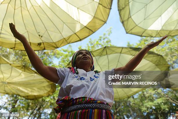 Nahua Pipil indigenous woman participates in a ceremony commemorating the International Day of Indigenous Resistance at the San Andres Archeological...