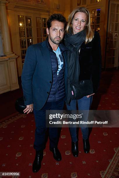 Actor Frederic Diefenthal and his companion attend the "A Droite A Gauche" : Theater Play at Theatre des Varietes on October 12, 2016 in Paris,...