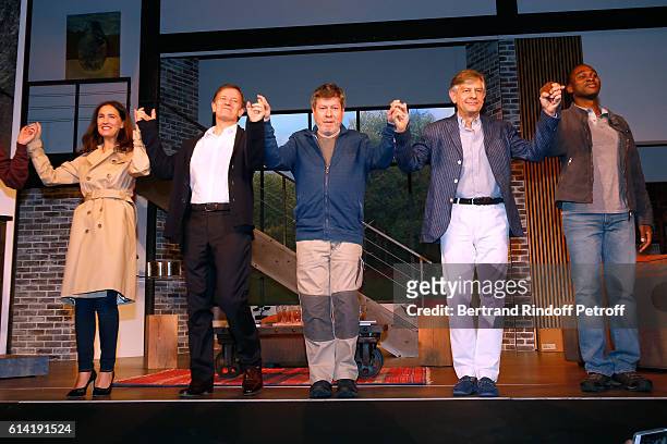 Actors Odile Cohen, Francis Huster, Regis laspales, Francois Berland and Olivier Dote Doevi acknowledge the applause of the audience at the end of...