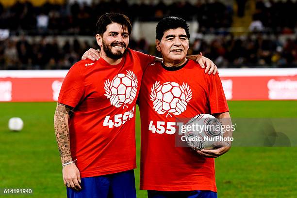 Argentinian soccer legend Diego Armando Maradona , poses with his son Diego Armando Maradona jr., during the 'Match of Peace - United for Peace',...