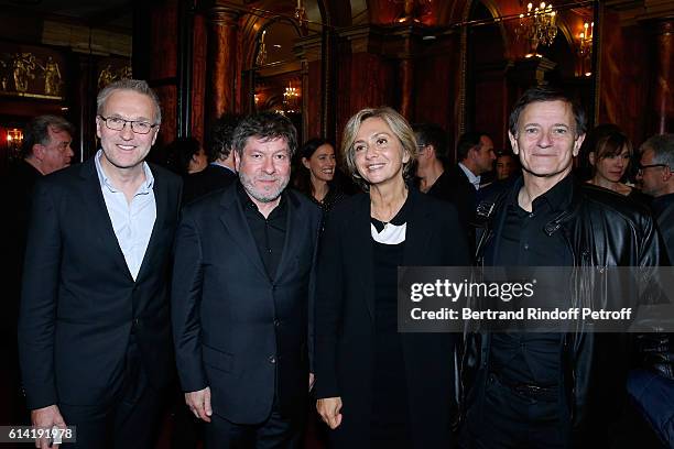 Autor of the piece, Laurent Ruquier, actor of the piece Regis Laspales, politician Valerie Pecresse and actor of the piece Francis Huster pose after...