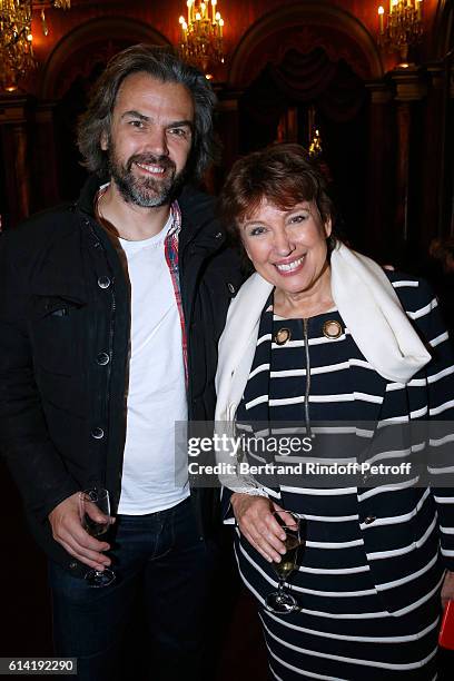 Journalist Aymeric Caron and Politician Roselyne Bachelot Narquin attend the "A Droite A Gauche" : Theater Play at Theatre des Varietes on October...