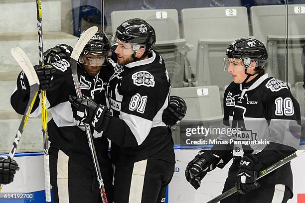 Yvan Mongo of the Blainville-Boisbriand Armada celebrates his goal with teammate Jeremy Roy during the QMJHL game against the Saint John Sea Dogs at...