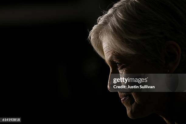 Green party nominee Jill Stein speaks to members of the press before the start of a campaign rally at the Hostos Center for the Arts & Culture on...