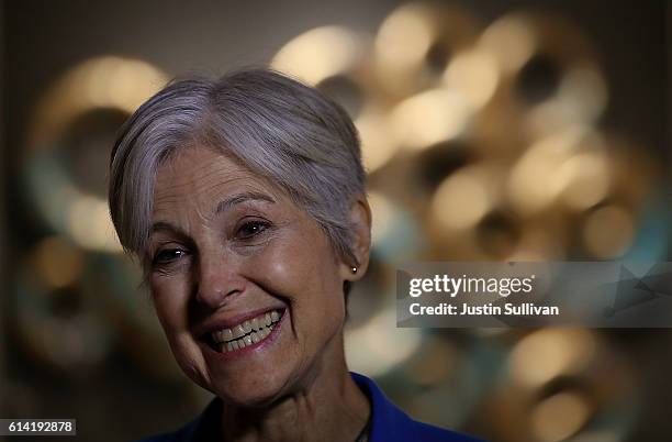 Green party nominee Jill Stein speaks to members of the press before the start of a campaign rally at the Hostos Center for the Arts & Culture on...