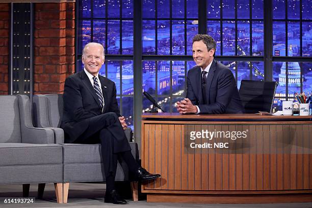 Episode 0435 -- Pictured: Vice President Joe Biden during an interview with host Seth Meyers on October 12, 2016 --