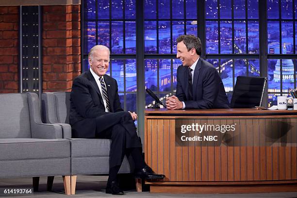 Episode 0435 -- Pictured: Vice President Joe Biden during an interview with host Seth Meyers on October 12, 2016 --