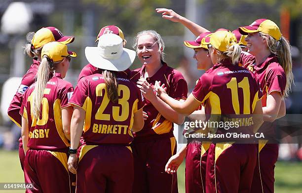 Queensland's Georgia Prestwidge celebrates the wicket of Georgia Redmayne during the WNCL match between Queensland and Tasmania at Allan Border Field...