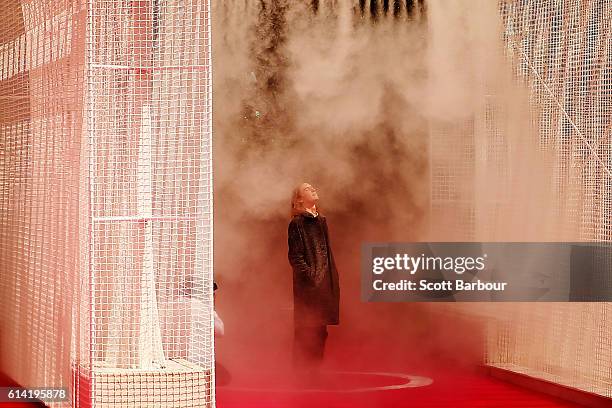 Man stands in a neon pink 'car wash', inspired by an existing car wash in Blackburn, after it was unveiled as the NGV's 2016 Architecture Commission...