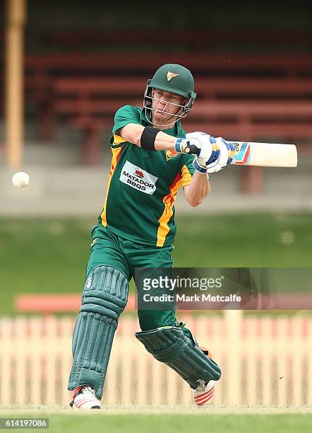 Xavier Doherty of the Tigers bats during the Matador BBQs One Day Cup match between Victoria and Tasmania at North Sydney Oval on October 13, 2016 in...