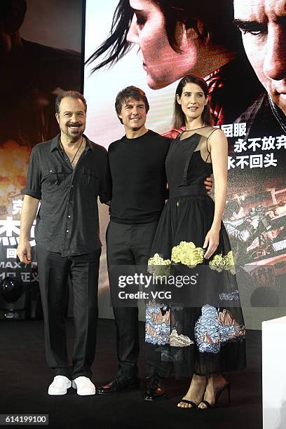 American director Edward Zwick, American actor Tom Cruise and Canadian actress Cobie Smulders attend the press conference of film "Jack Reacher:...