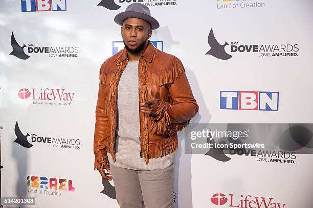 Anthony Brown arrives at the Red Carpet at the 47th Annual Gospel Music Association Dove Awards at Allen Arena in Nashville, Tennessee.