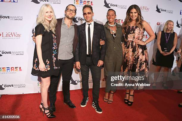 TobyMac , wife Amanda Levy McKeehan , and Hillary Scott of Lady Antebellum arrives at the 2016 Dove Awards at Allen Arena, Lipscomb University on...