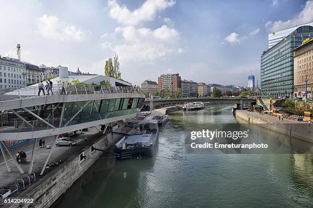 a scenery from danube canal in vienna - emreturanphoto stock pictures, royalty-free photos & images