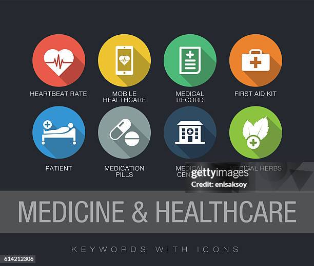 medicine and healthcare keywords with icons - long shadow stock illustrations