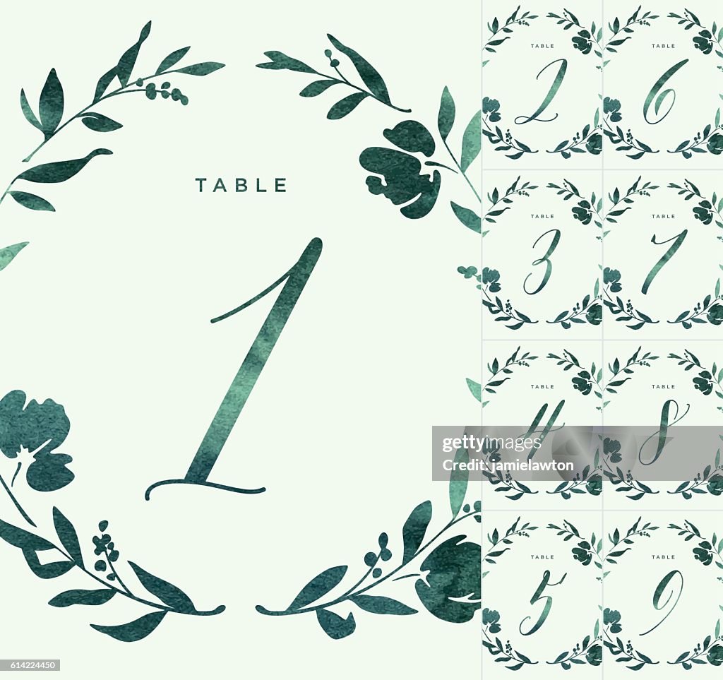 Grüne Aquarell Hochzeit Tischnummern