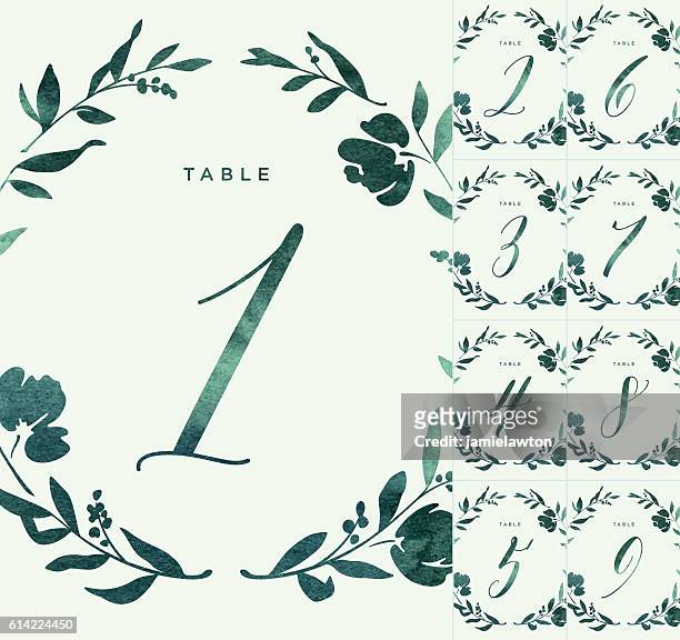 green watercolour wedding table numbers - floral pattern water colour stock illustrations
