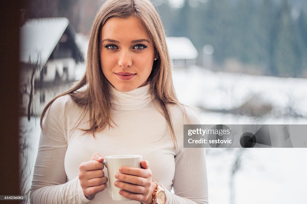 Beautiful Happy Smiling Winter Woman with Mug